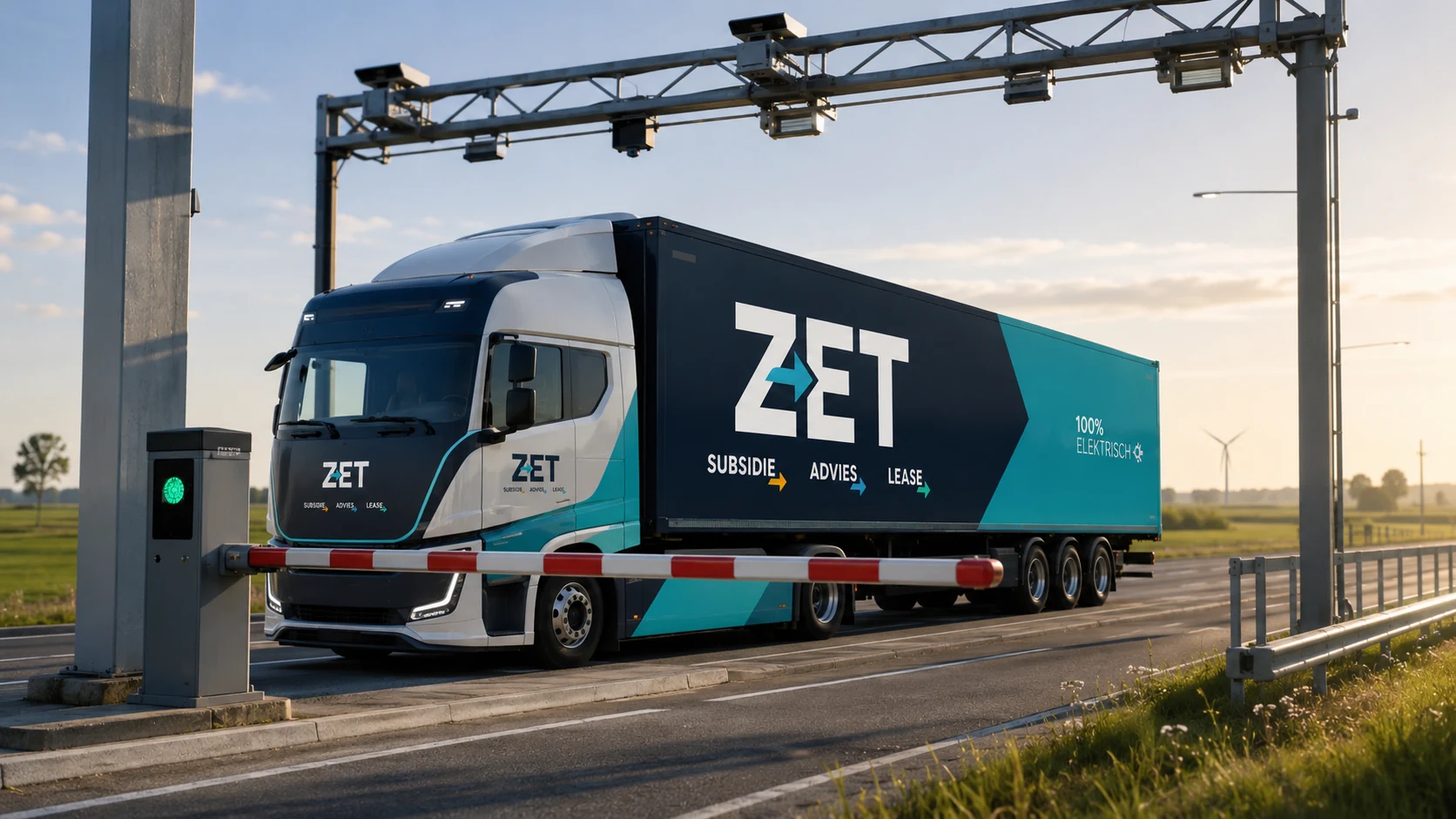 Elektrische ZET-vrachtwagen bij een tolpoort