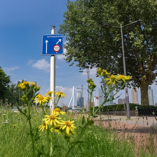 Verkeersbord milieuzone langs weg met aanduiding toegang en ontheffingzero-emissiezone